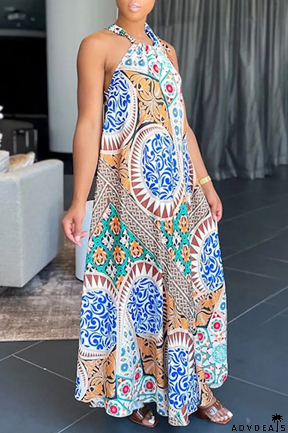 Tangerine Red Casual Print Patchwork Halter Straight Dresses