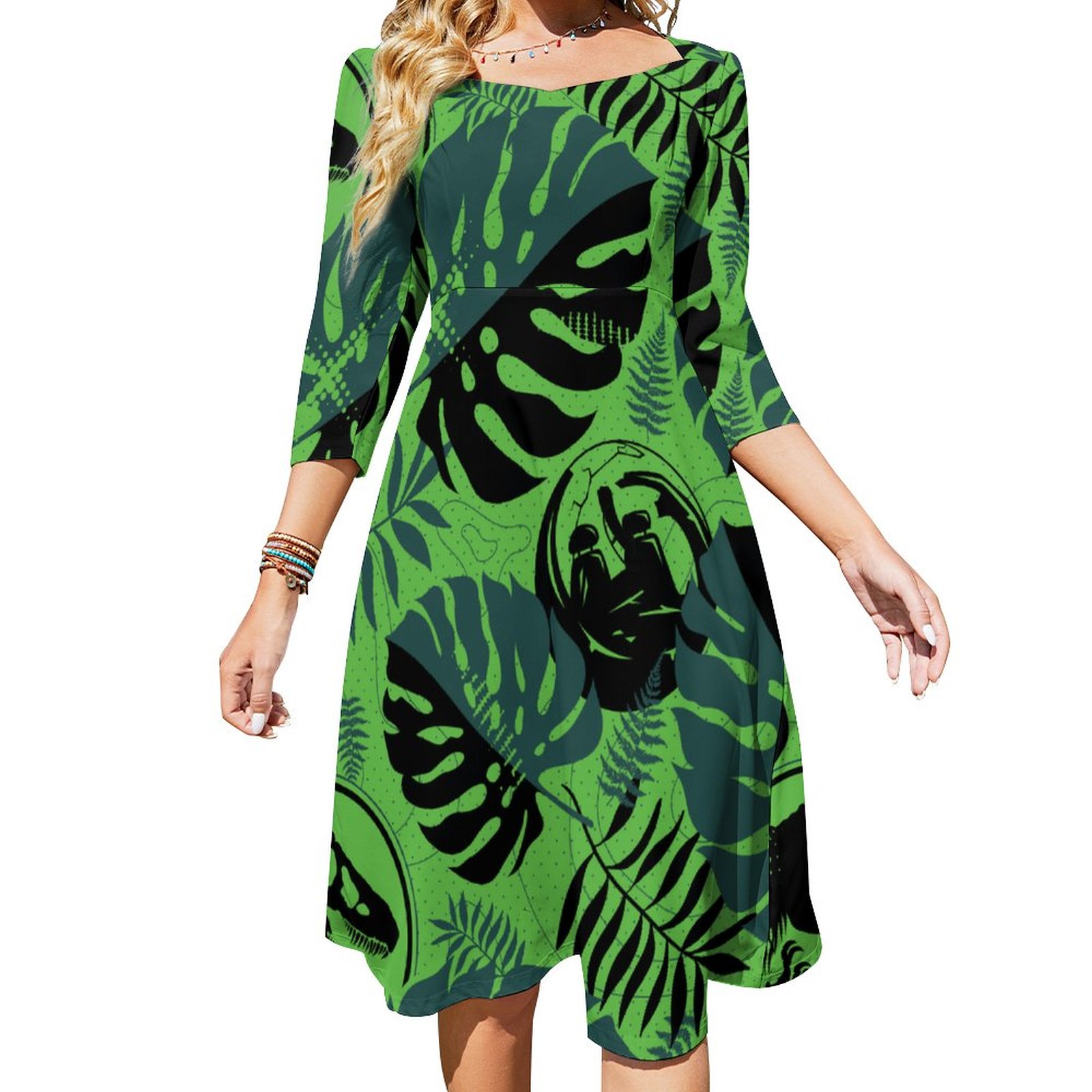 Jurassic World Green Black Jungle Printed Summer 3/4 Sleeves Sweetheart ...