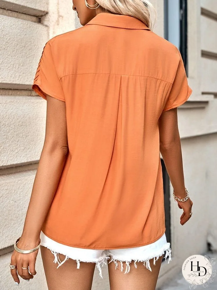 Versatile Solid Collar Loose Fit Blouse with Short Sleeves