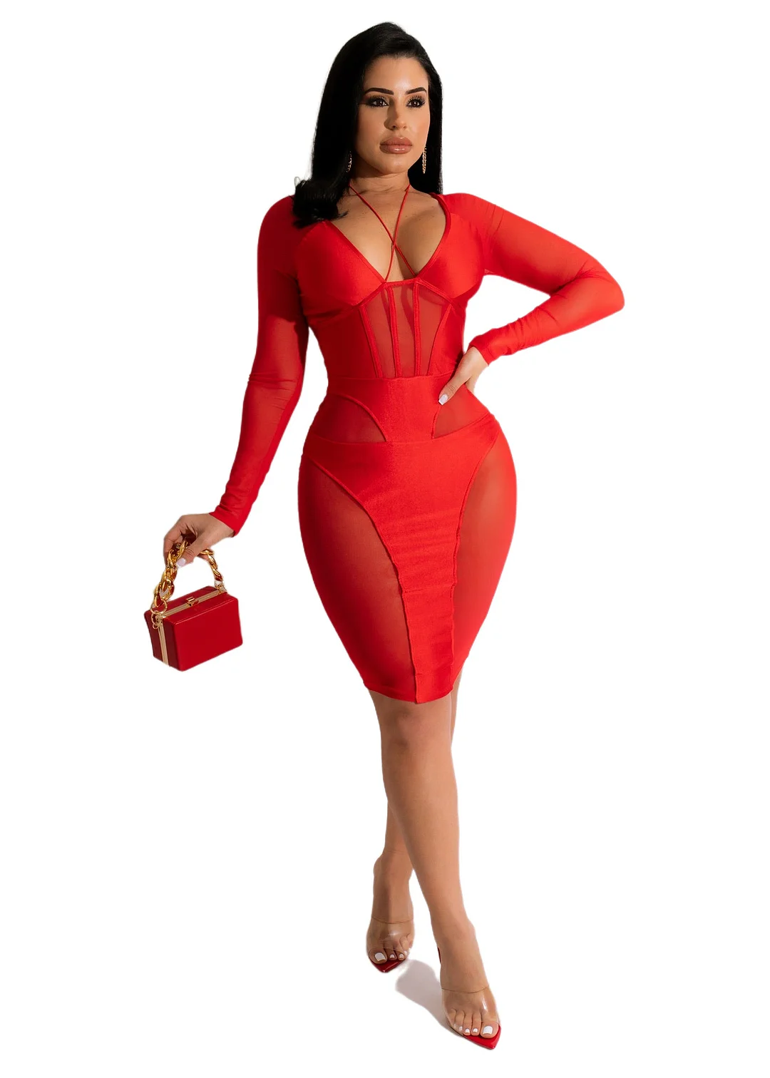 Mesh Patchwork Long Sleeve Bodycon Party Club Dress