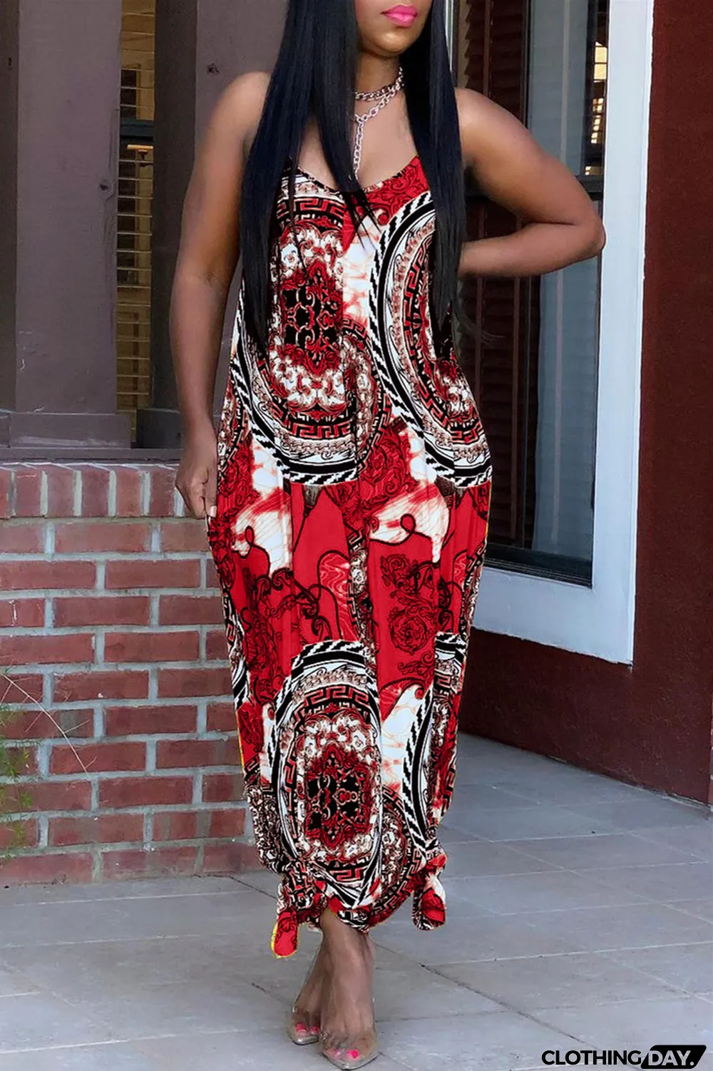 Yellow Sexy Casual Print Backless Spaghetti Strap Loose Jumpsuits