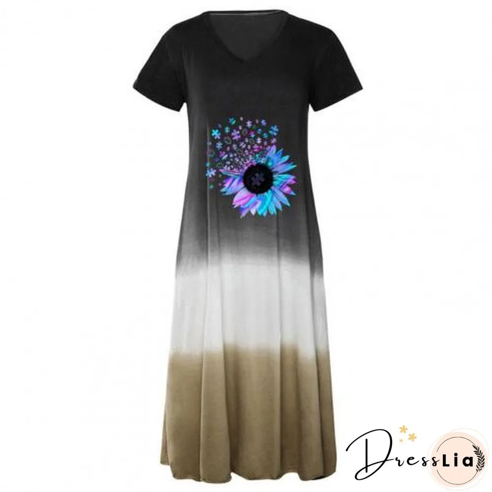 Summer Short Sleeve Long Dress Contrast Color Floral Print V Neck Dress Street Loose Dress Women