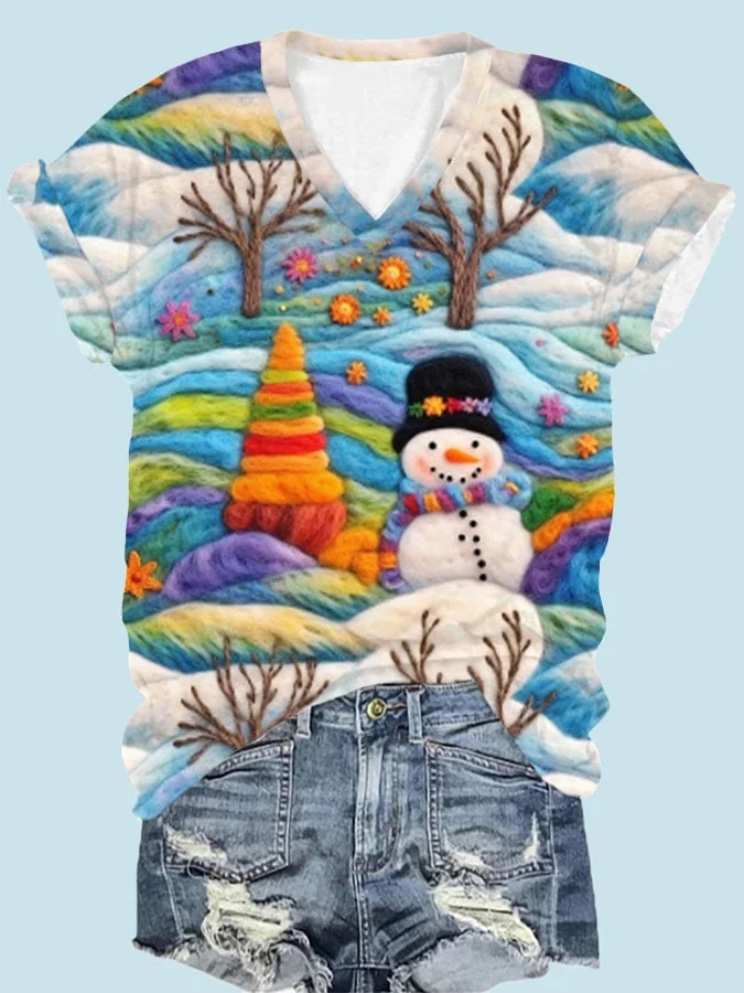 Women's Christmas Snowman Print V-Neck T-Shirt-mysite
