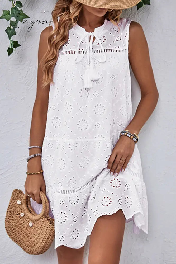Ingvn - Casual Simplicity Solid Tassel Hollowed Out O Neck Sleeveless Dress Dresses White / S