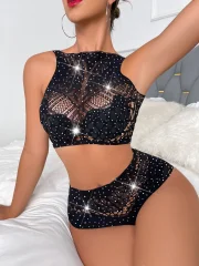Lovingerie - Black Split Mesh Dress with Hot Drilling Bodysuit Queen of the Ball Lingerie