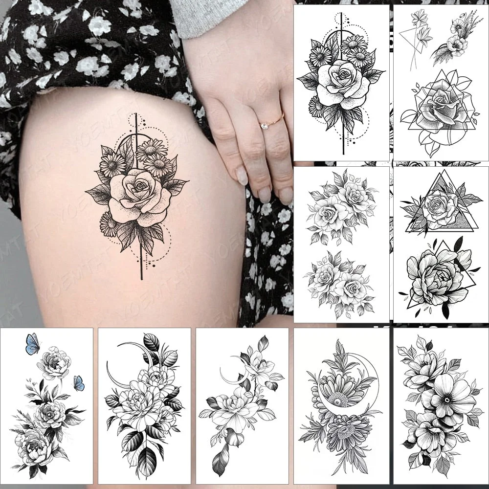 Waterproof Temporary Tattoo Sticker Black Point Line Sunflower Geometric Rose Flash Tatoo Fake Tatto For Body Art Women Men