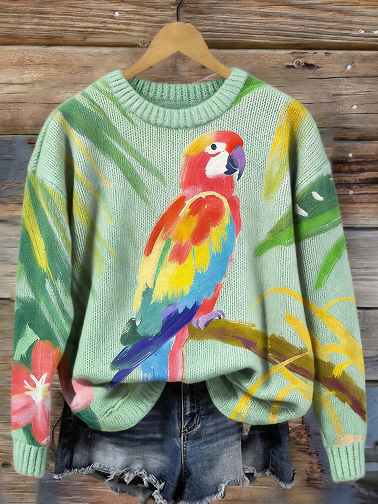 Macaw Parrot Art Pattern Vintage Cozy Knit Sweater wearshes