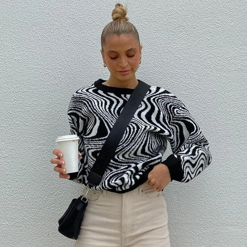 Autumn Wave Print Y2K Knit Sweaters Chic Vintage Cute Casual Pullovers Aesthetic Crewneck Fashion Harajuku Clothes Cuteandpsycho
