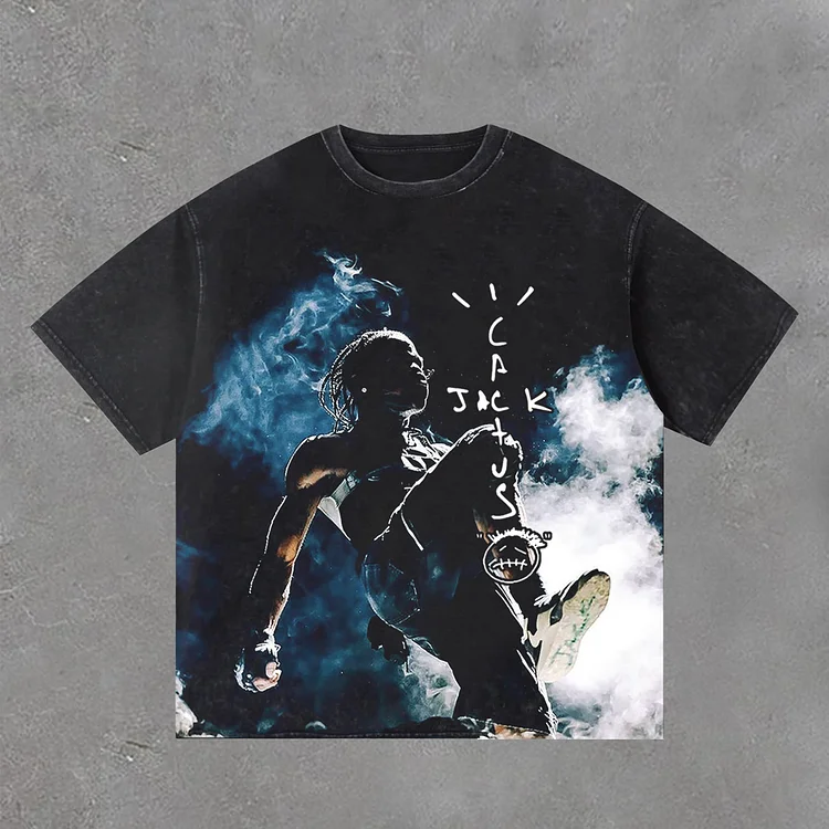 Retro Travis Scott Portrait Graphic Print Acid Washed T-Shirt SOPULA