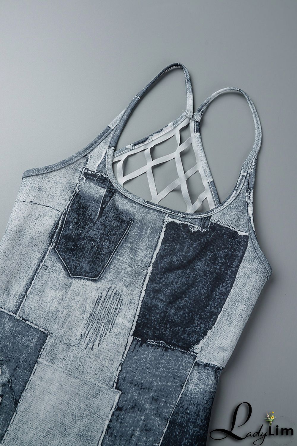 Dark Blue Sexy Print Patchwork Backless Spaghetti Strap Pencil Skirt Dresses