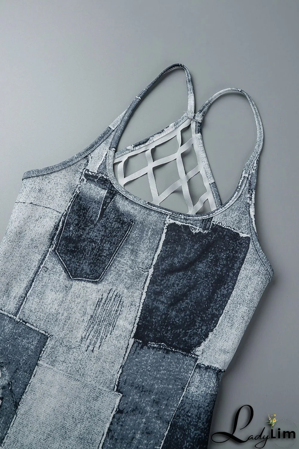 Dark Blue Sexy Print Patchwork Backless Spaghetti Strap Pencil Skirt Dresses