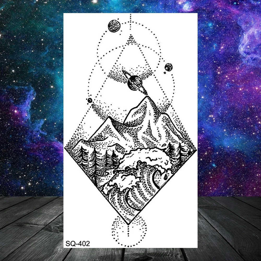 3D Geometry Mountain Sea Temporary Tattoos For Women Adult Men Kids Girl Sun Forest Eyes Fake Tattoo Neck Arm Hands Small Tatoos