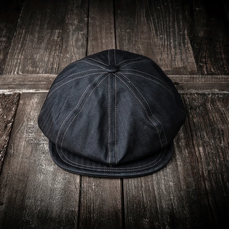 Retro Cotton Black Herringbone Newsboy Hat