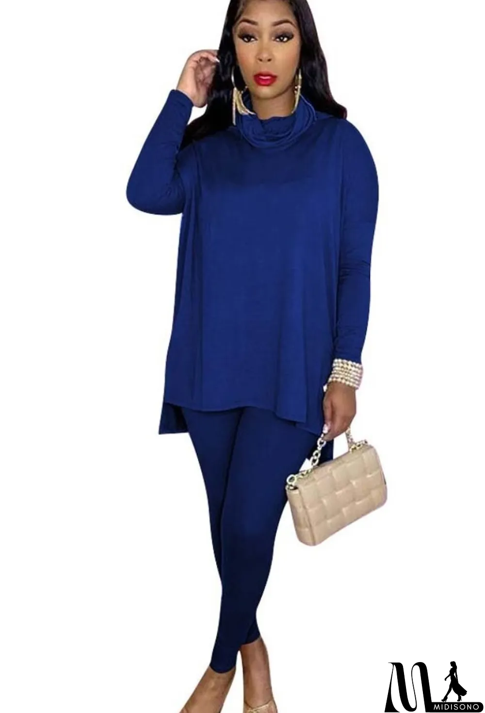 MidiSono - Winter Solid Blue Turtleneck Long Sleeve Loose Top and Match Pants Two Piece Set