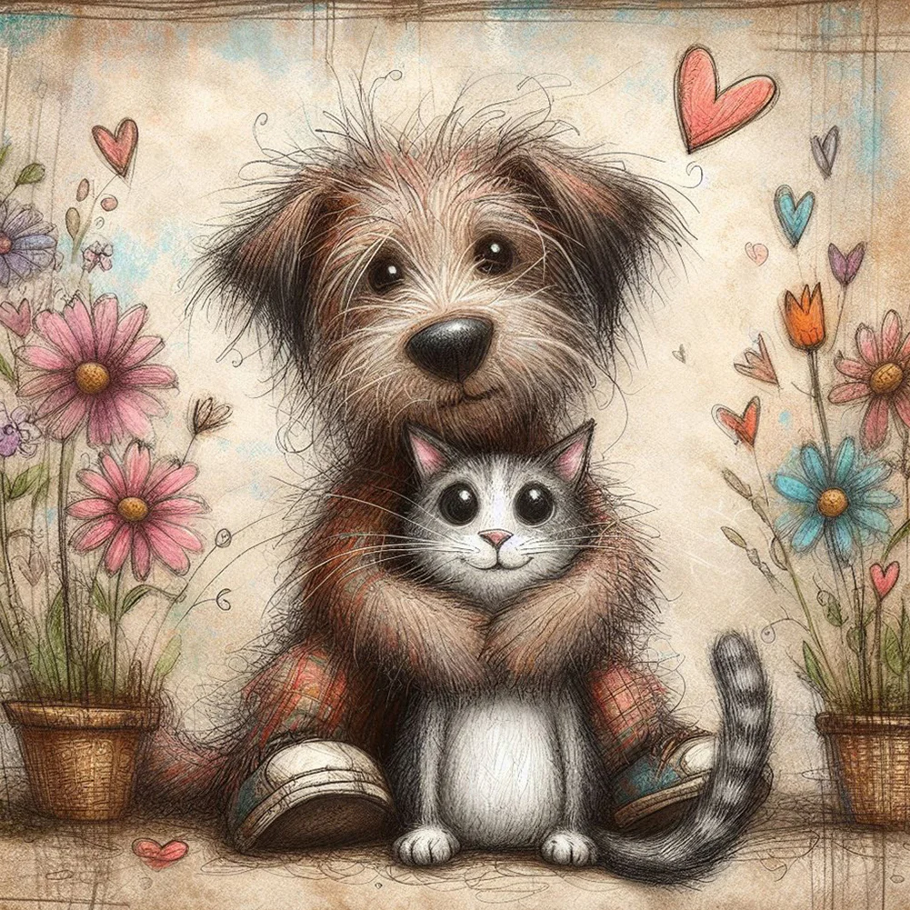 4pcs Diamond Painting - Full Round Drill - Warm Cats Dogs(Canvas|30*30cm)