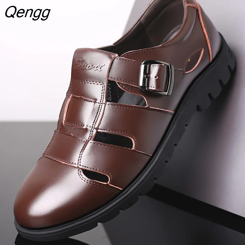 Qengg Men Sandals Genuine Leather Sandals Men Outdoor Casual Men Leather Sandals For Men Beach Shoes Roman Shoes Plus Size 38-47