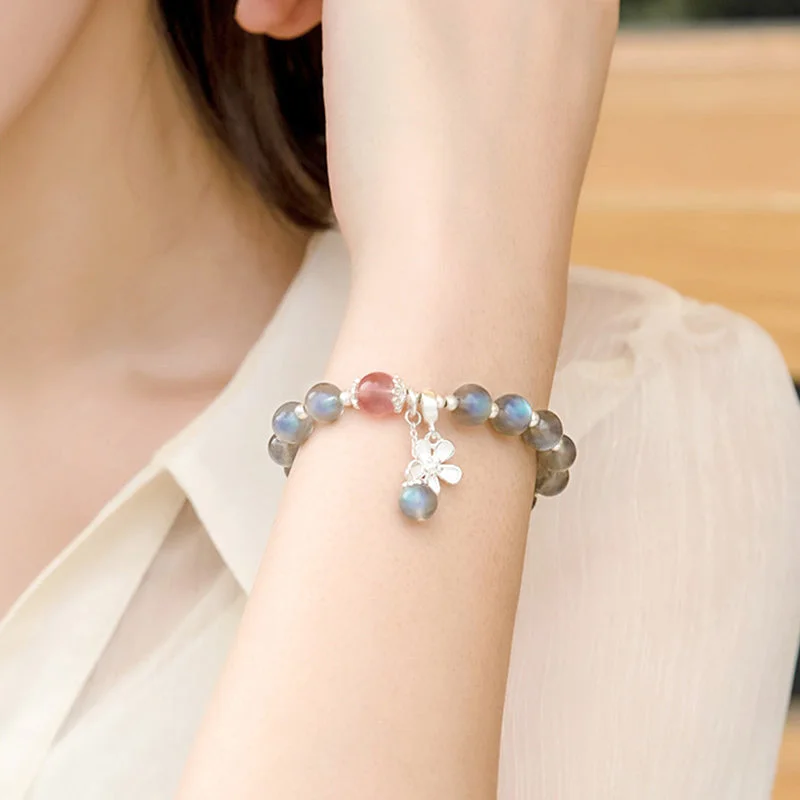 Moonstone Strawberry Quartz Flower Charm Bracelet