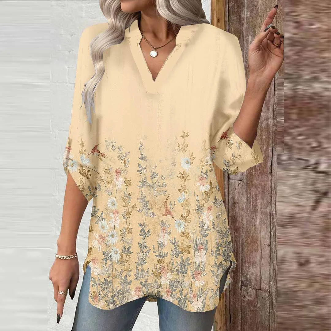 Women Floral, Yellow, Blue DZGA0611 3/4 Sleeve V-neck Printed Graphic Button Tops