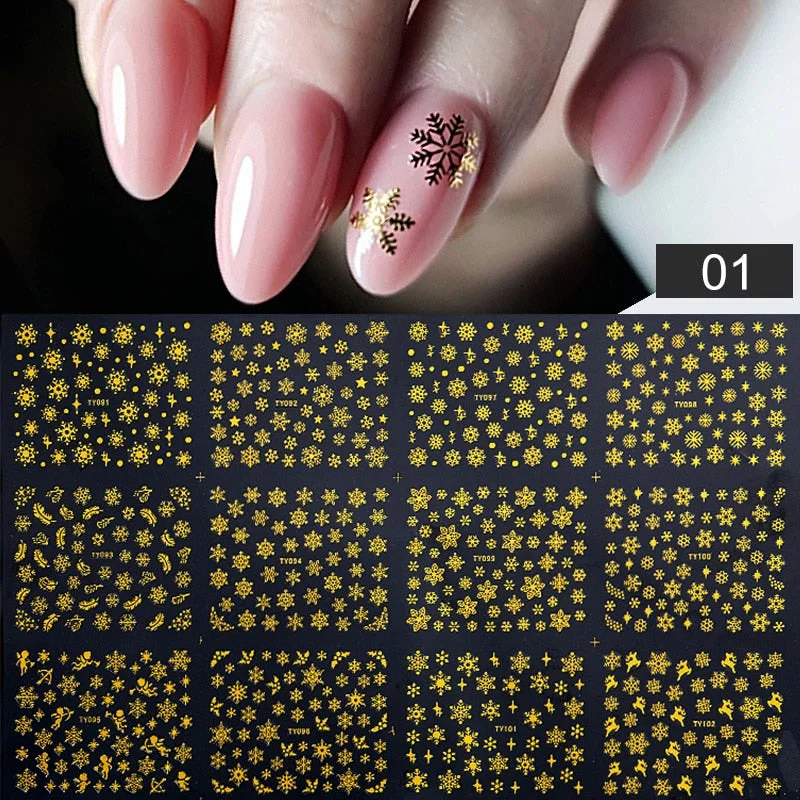1Sheet 3D White Gold Christmas Slider Nail Sticker Decals Snowflakes New Year Adhesive Foils For Manicure Beauty Decor Stickers