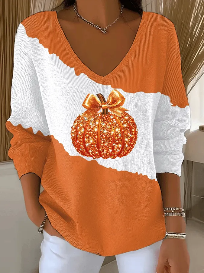 Women's Sequin Pumpkin Print Casual Striped Fabric Long Sleeve T-shirt 