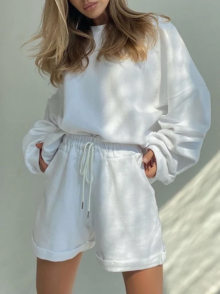 Women Long Sleeve Tracksuits Two Piece Set Autumn Sweatshirt and Shorts Suits Casual Loose 3 Pieces Outfit Solid Streetwear Sets