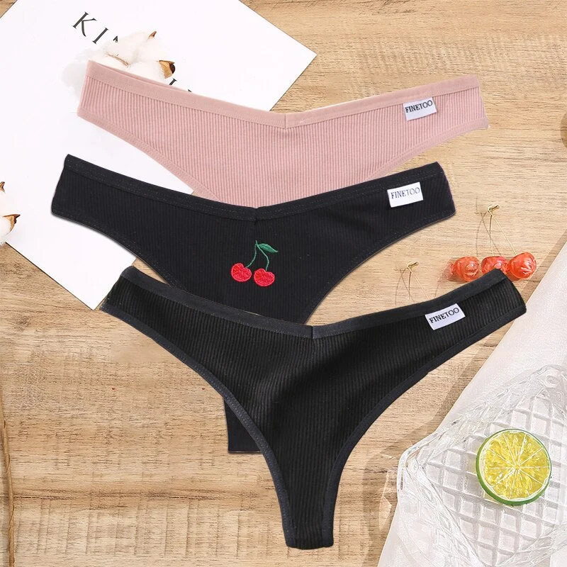 FINETOO 2/3PCS Women Lingerie Fruit Embroidery Panties G-string Sexy Low Rise Cotton Thongs Girl Underwear V-Waist Female Pantys