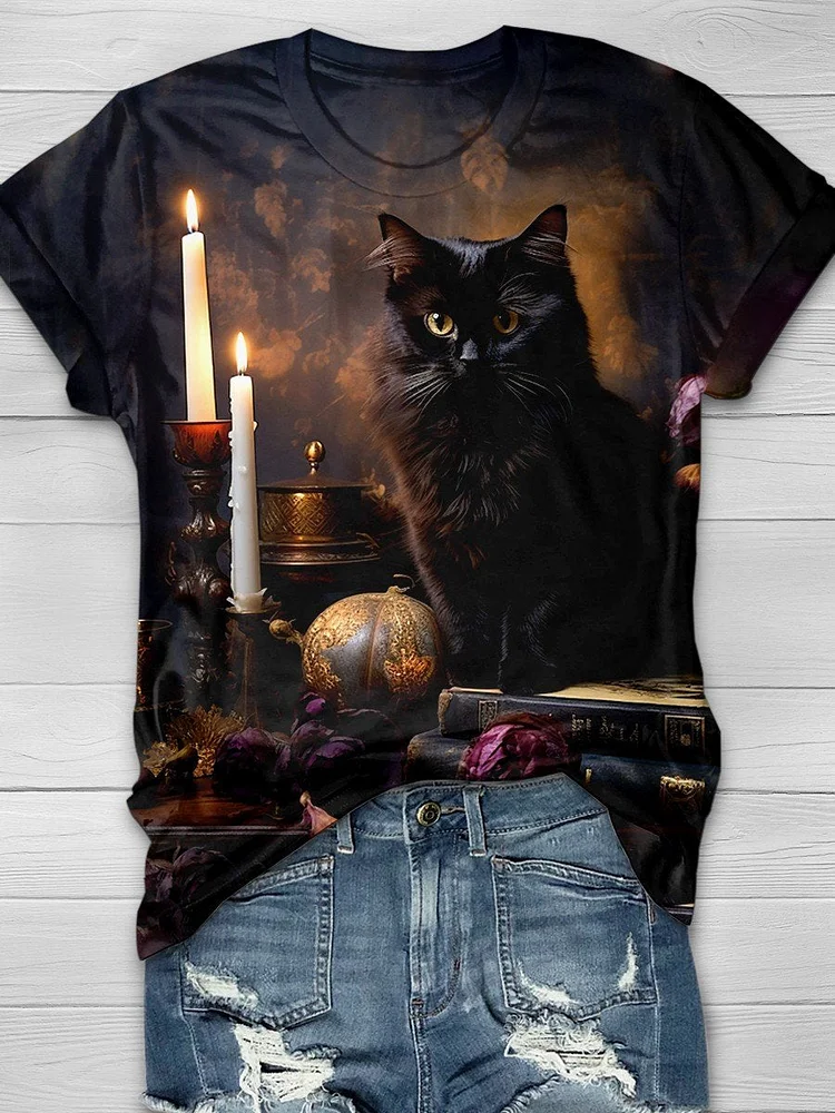 Halloween Cat Print Casual T-Shirt