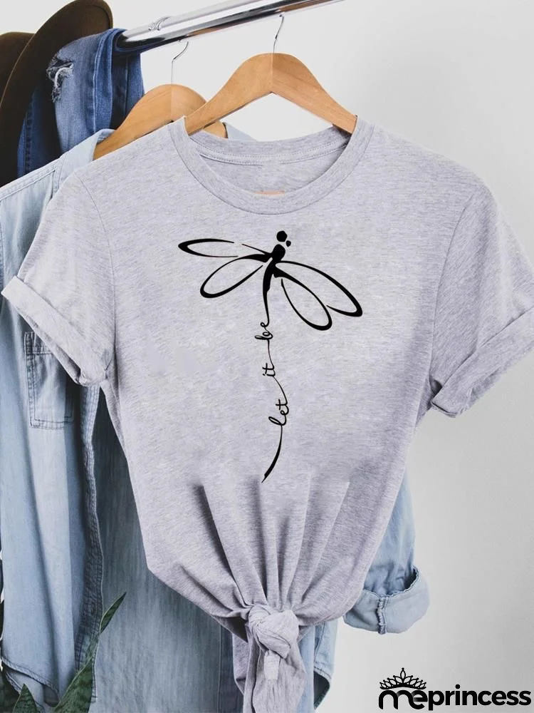 Women Fashion Base Letter Sunflower Cross Print Round Neck Short Sleeve T-Shirt