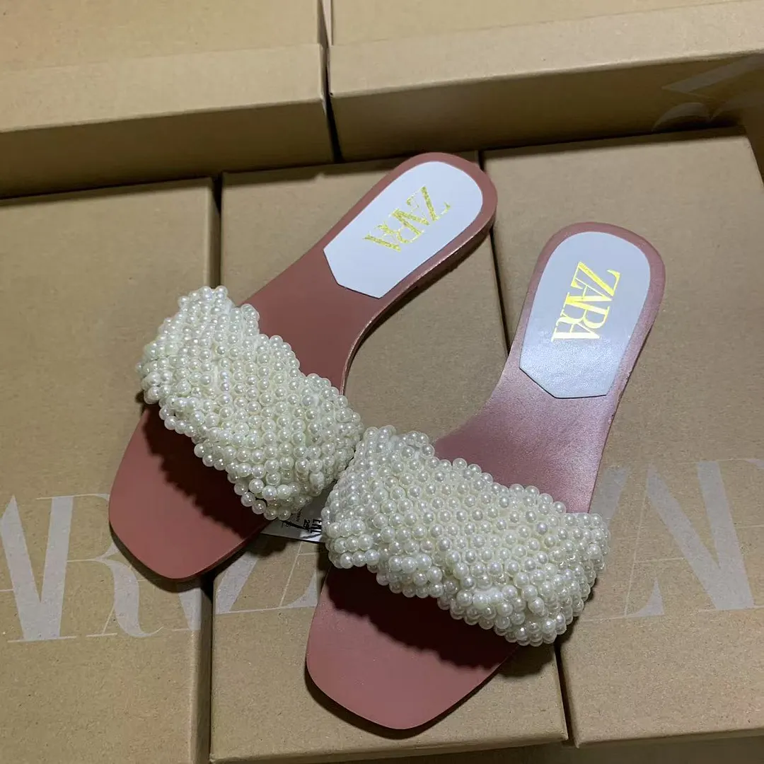 Breakj Breakj Flat Shoes Spring New Fashion Splip Slippers Pearl With Color Fe Temperament Single Shoes Women