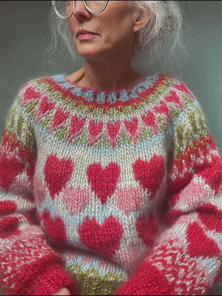 Vintage Valentine's Day Hearts Colorful Cozy Knit Isle Sweater wearshes