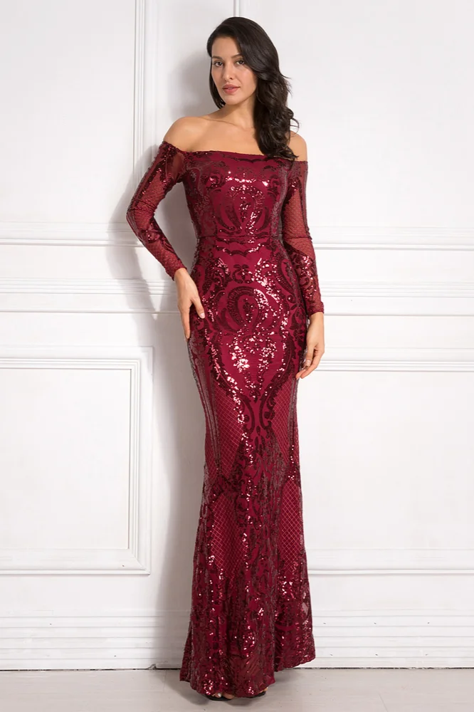 burgundy off-the-shoulder long sleeve sequins mermaid prom dress