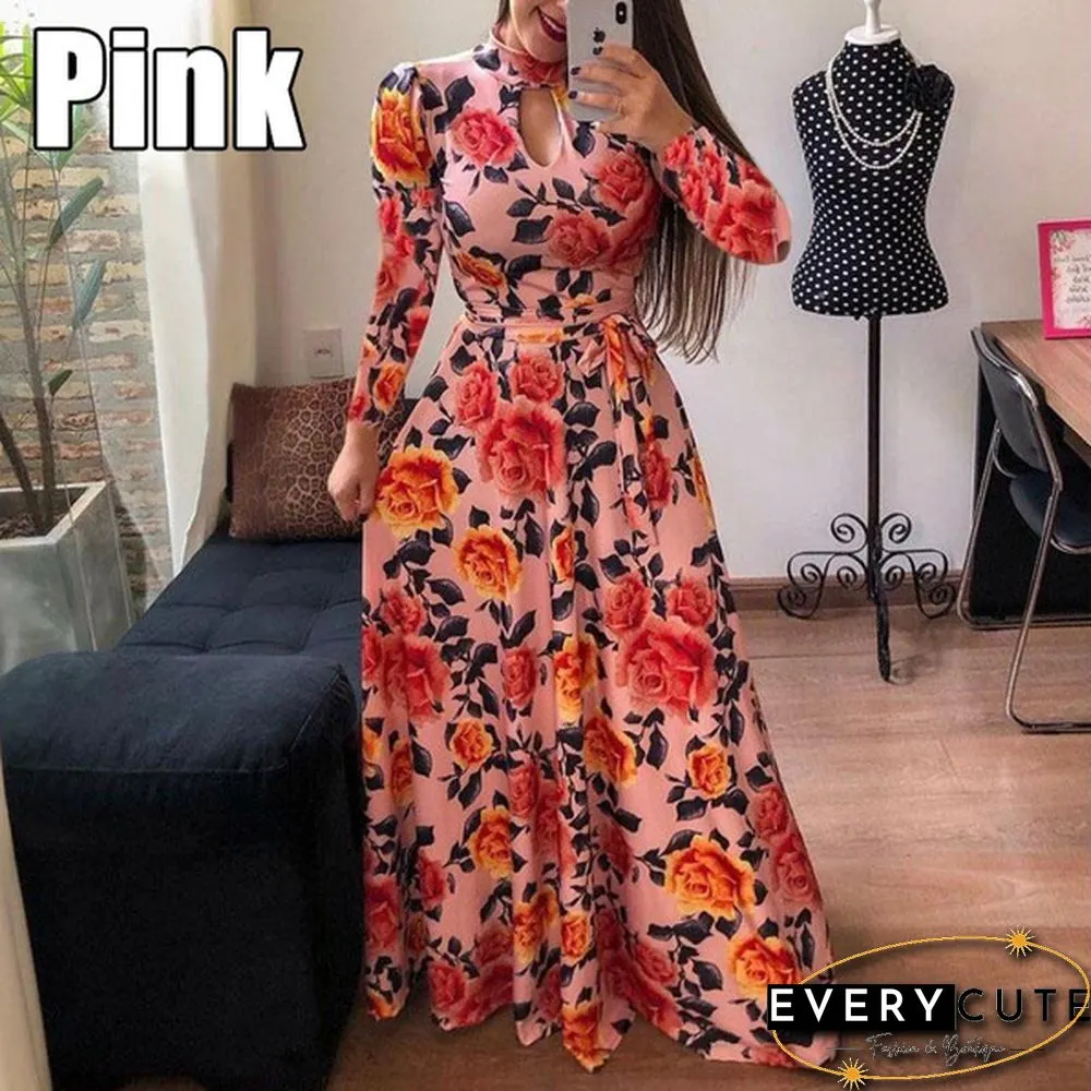 Women Fashion Long Sleeve Dress Maxi Dresses High Waist Flower Dress Party Dress