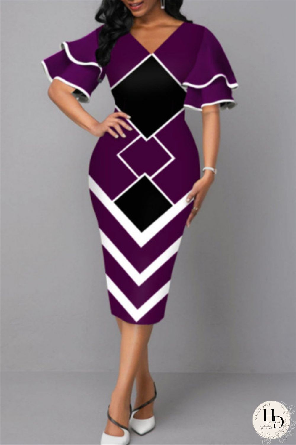 Purple Fashion Casual Print Patchwork V Neck One Step Skirt Dresses