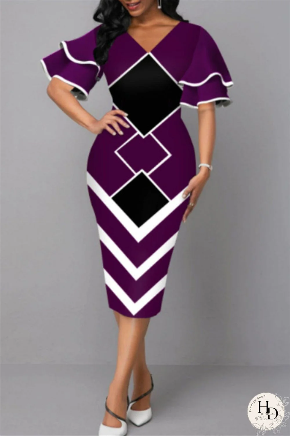 Purple Fashion Casual Print Patchwork V Neck One Step Skirt Dresses