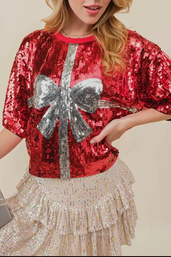Eye Catching Christmas Sequined Pullover T Shirt