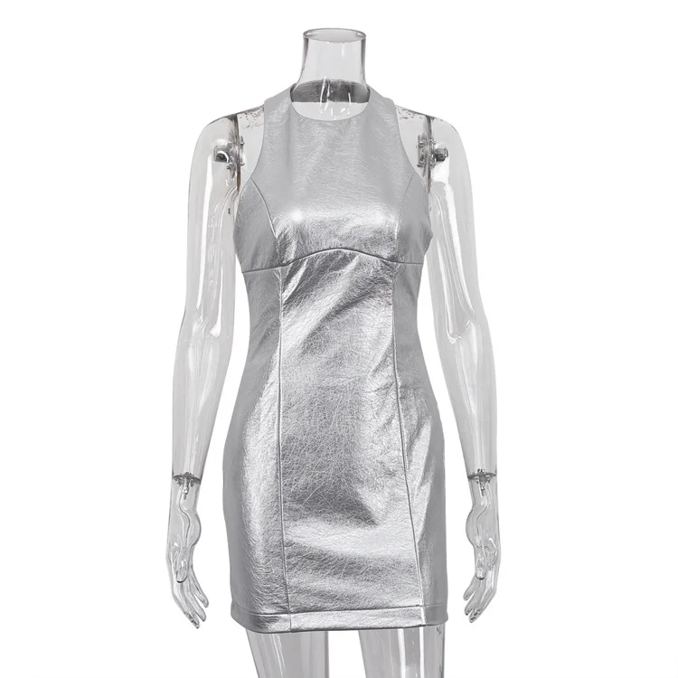 Ueong Ueong Summer New Pu Leather Dress Female Silver Fashion Sexy Show Backpack Hip Short Skirt