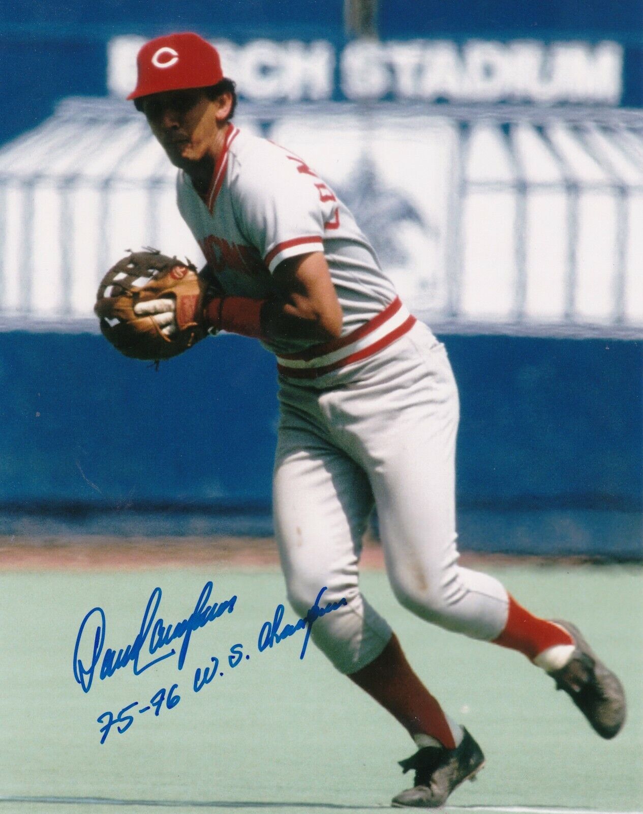 DAVE CONCEPCION CINCINNATI REDS 75-76 WS CHAMPIONS ACTION SIGNED 8x10