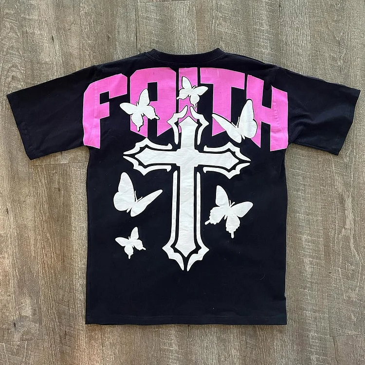 Y2K Fashion Vintage Personalized Faith Cross Graphic 100% Cotton Short Sleeve T-Shirt