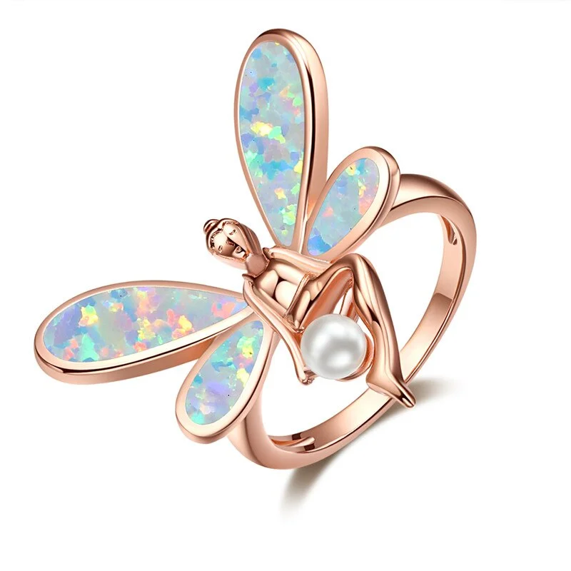 Dainty Female White Blue Opal Ring Rose Gold Silver Color Engagement Ring Luxury Fairy Wing Pearl Wedding Rings For Women