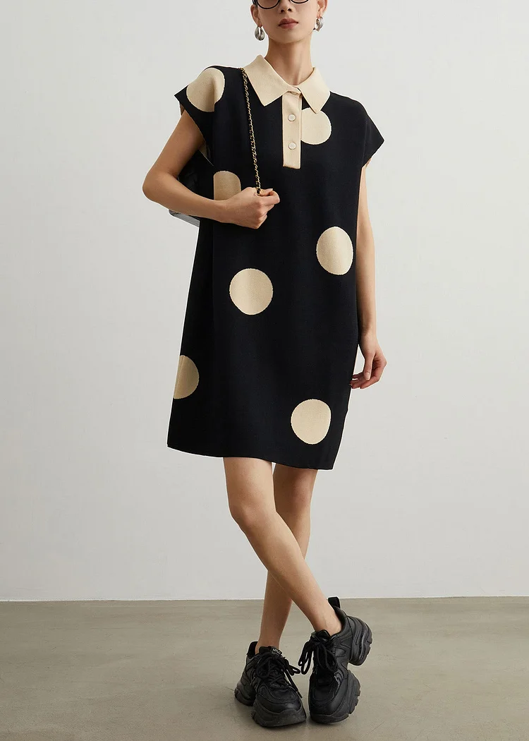 French Black Peter Pan Collar Button Dot Knit Mid Dress Summer