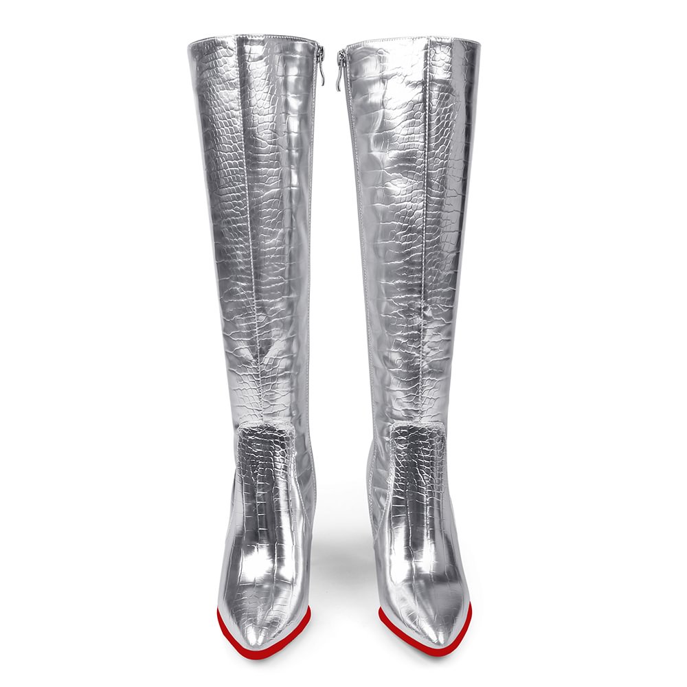 95mm/3.75 inches Fashionable zipper crocodile pattern high heels knee-high boots thick heel pointed toe red bottom boots-vocosishoes