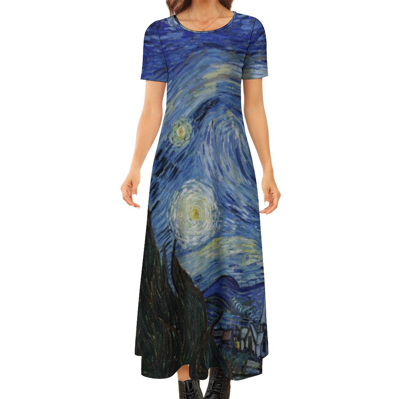 Van Gogh Starry Night Summer Hawaiian Boho Long Dress Women Plus Size Vintage Print Loose Flowy Maxi Dresses