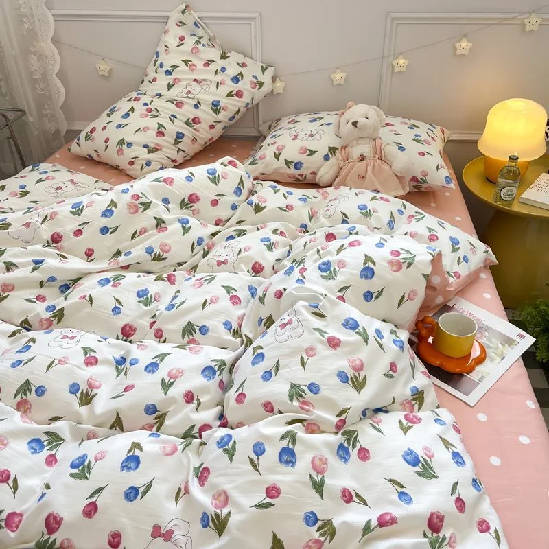 Aonga Pink Flowers Duvet Cover Set Ins Fashion Single Queen Size Girls Boys Flat Sheet Pillowcase No Filler Home Decor Bedding Set aonga