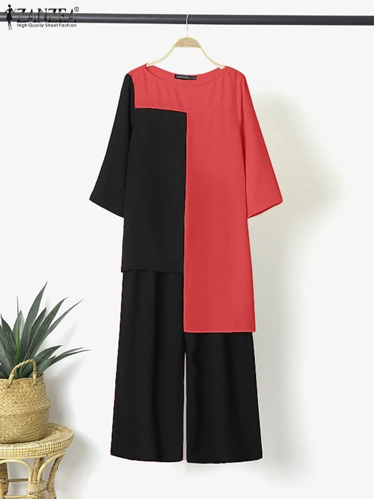 ZANZEA Two Piece Sets Womens Urban Tracksuit Elegant 3/4 Sleeve Patchwork Blouse Pant Sets Fashion Spring OL Work Suits Outifits