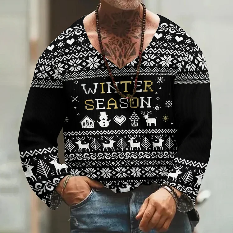 Christmas Casual Printed V-neck Sweater