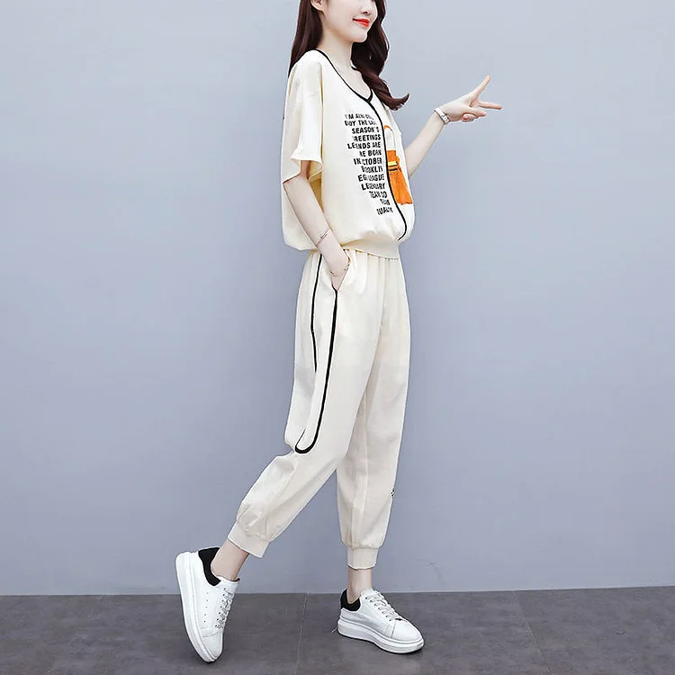 Women's Casual Suit Fashion V-Neck Crop Top Summer New Pencil Pants And Short Sleeve T Shirt Two Piece Set Tracksuit Women