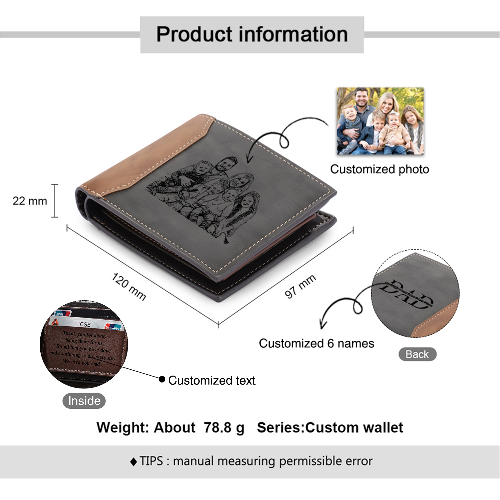 6 Names - Personalised Dad Billfold Wallet Custom Name & Photo & Text Leather Wallet Father's Day Gifts-Jessemade AU