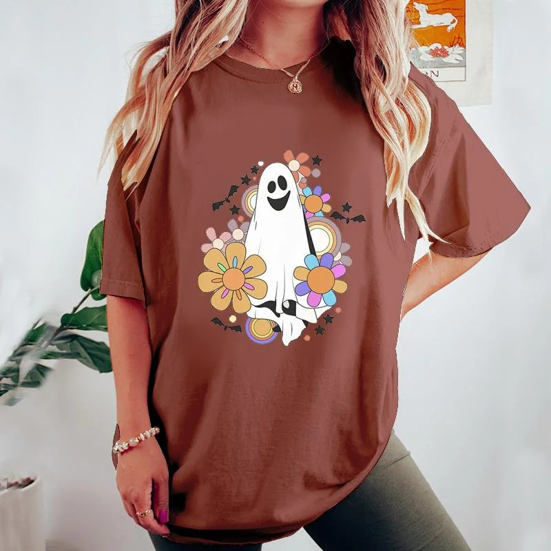 Halloween Cute  Ghost Flowers Cotton T-Shirt