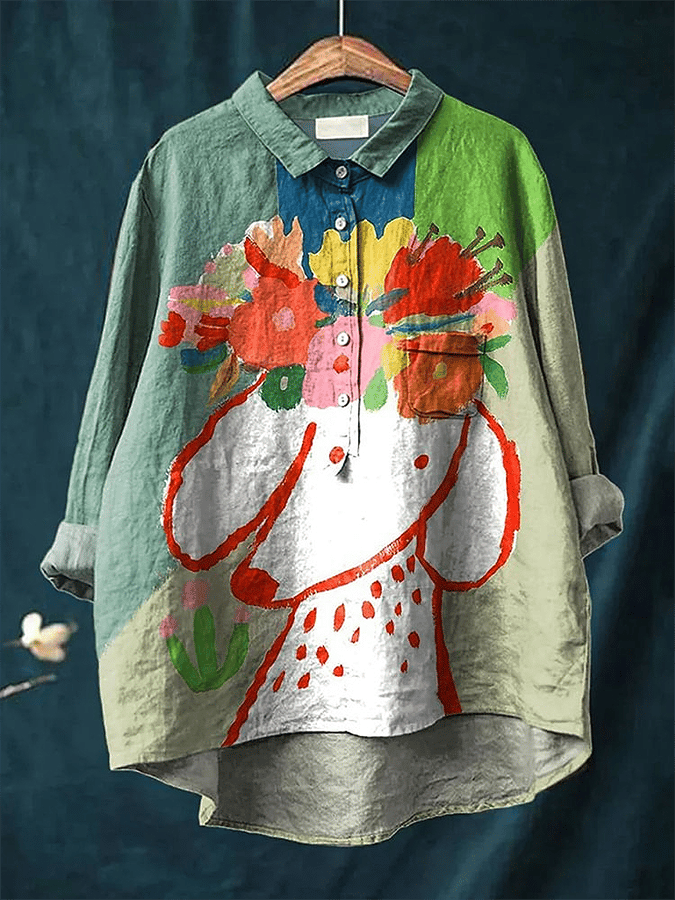 Womens Puppy Print Casual Cotton And Linen Shirt