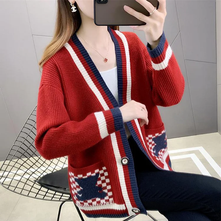 Cartoon Shift Casual Buttoned Sweater QueenFunky